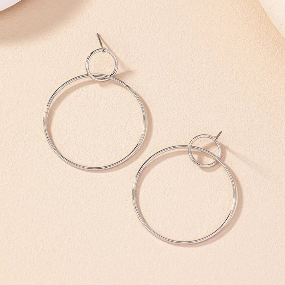Minimalist Silver Double Circle Contemporary Dangle Earrings NEW - Picture 7 of 7